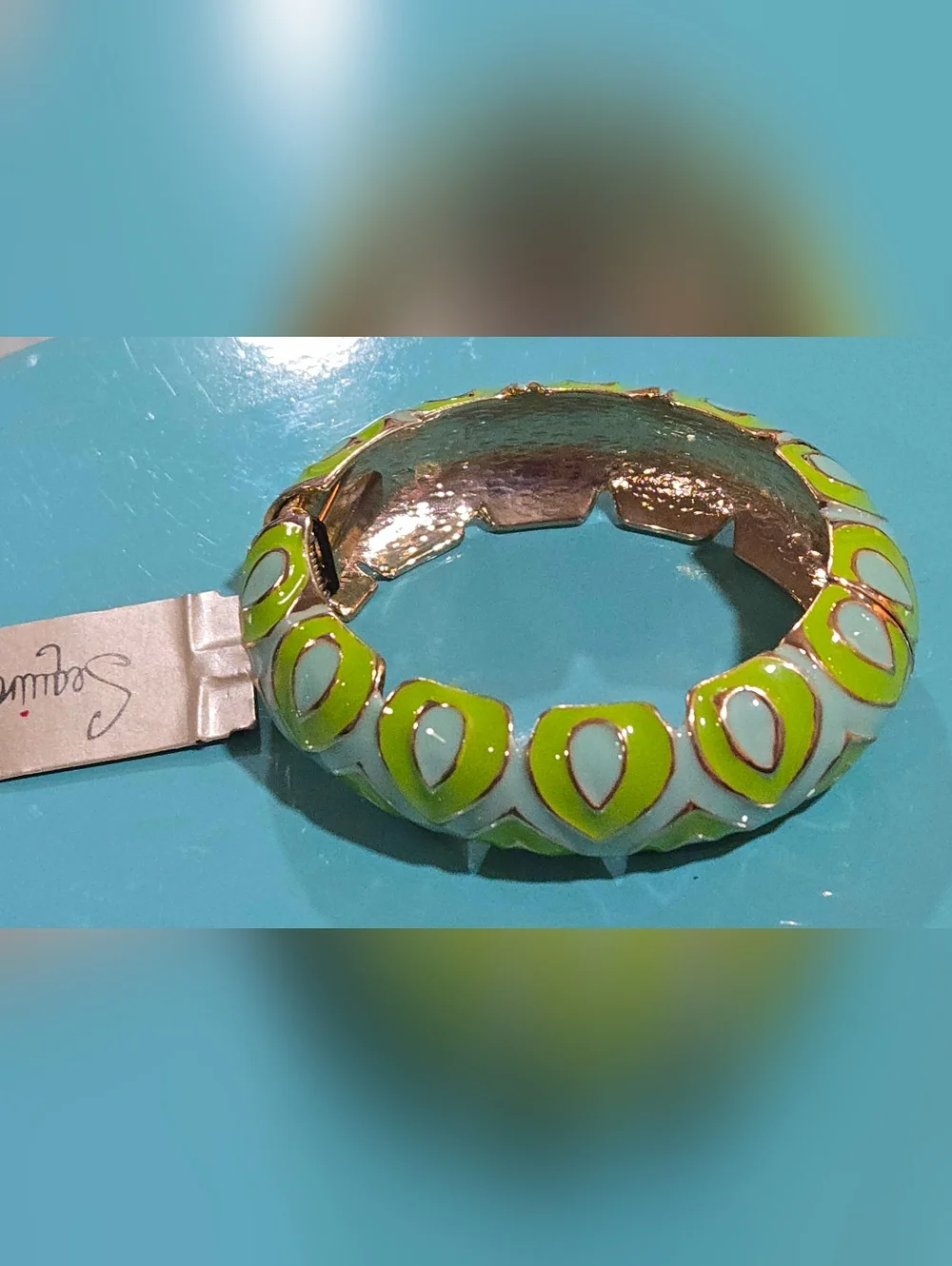 Sequin NYC Nordstrom Enamel Bangle Turquoise‎ & Lime Green Moorish Pattern NWT